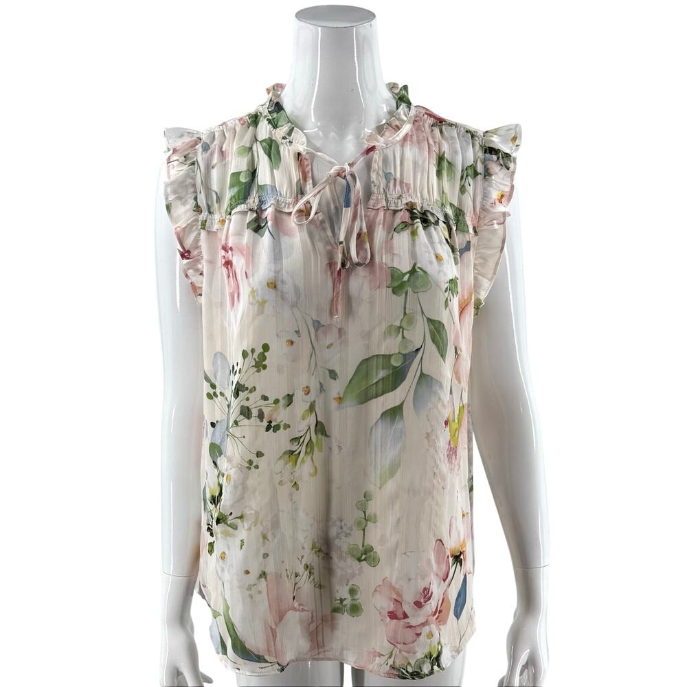 Maison d'Amelie Womens Top Size Large Pink Green Floral Ruffle Tie Front Blouse